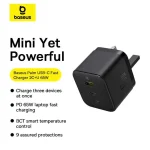 Baseus 65W GaN Charger three-port USB-C and USB-A close-up view