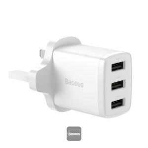 Baseus 3 port USB charger Nigeria - Baseus Compact Charger 3U 17W UK plug in white