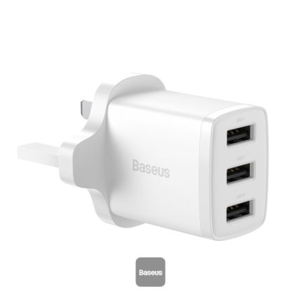 Baseus 3 port USB charger Nigeria - Baseus Compact Charger 3U 17W UK plug in white