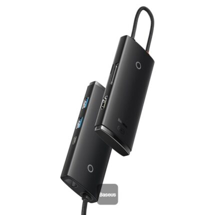 Close-up of Baseus USB-C hub docking station ports - USB 3.0 and SD/TF card slots