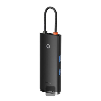 Baseus Lite Series 6-Port USB-C hub docking station in black, showing HDMI, dual USB 3.0, PD and SD/TF ports