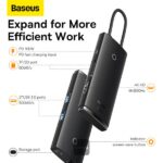 Baseus USB-C hub docking station diagram showing PD 100W fast charging, 4K HDMI output, dual USB 3.0 ports and TF/SD card slot
