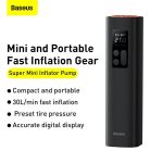 Baseus Super Mini portable tyre inflator features: compact, preset pressure, digital display