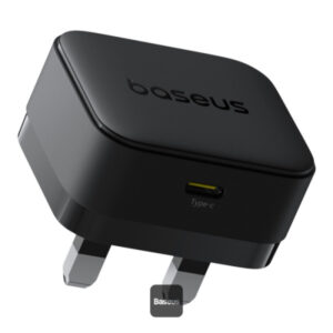 Baseus 20W fast charger UK plug in cluster black, front view