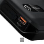 Close-up of Baseus 10000mAh jump starter USB-C and USB-A fast charging output ports