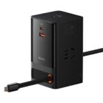 Baseus GaN5 Pro 65W Digital Power Strip - angled view of 3 AC outlets and retractable cable