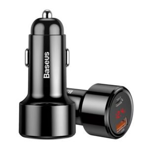 Baseus 45W Dual QC Fast Car Charger plugged into vehicle socket