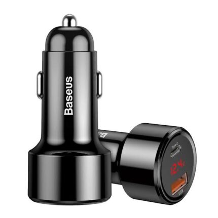 Baseus 45W Dual QC Fast Car Charger plugged into vehicle socket