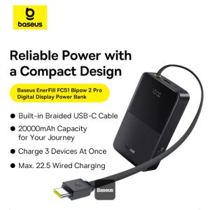Baseus 20000mAh power bank with compact design, 22.5W fast charging and braided cable