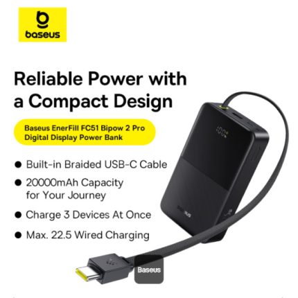 Baseus 20000mAh power bank with compact design, 22.5W fast charging and braided cable