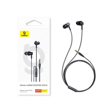 Baseus Encok HZ11 black wired earphones with coiled cable on white background