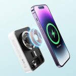 Baseus EnerFill FM41 magnetic power bank attached to the back of an iPhone for wireless charging